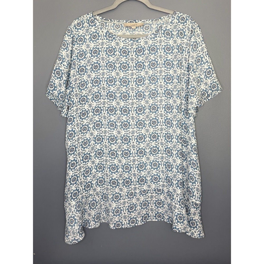 LOFT Blouse Womens XL Blue Floral Print Flutter Sleeve Lightweight Boho Top